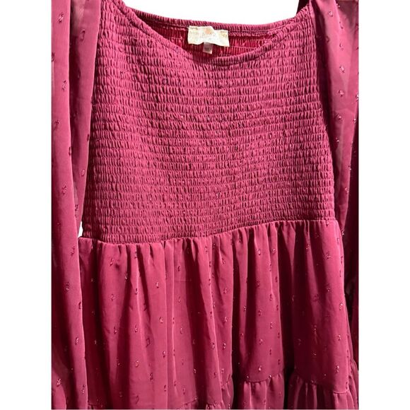 Altar’d State Women’s Vibrant Burgundy Babydoll Tiered Long Sleeve Dress Sparkle - Picture 6 of 10